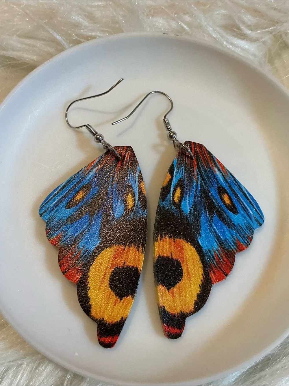 Blue butterfly wing dangle drop earrings